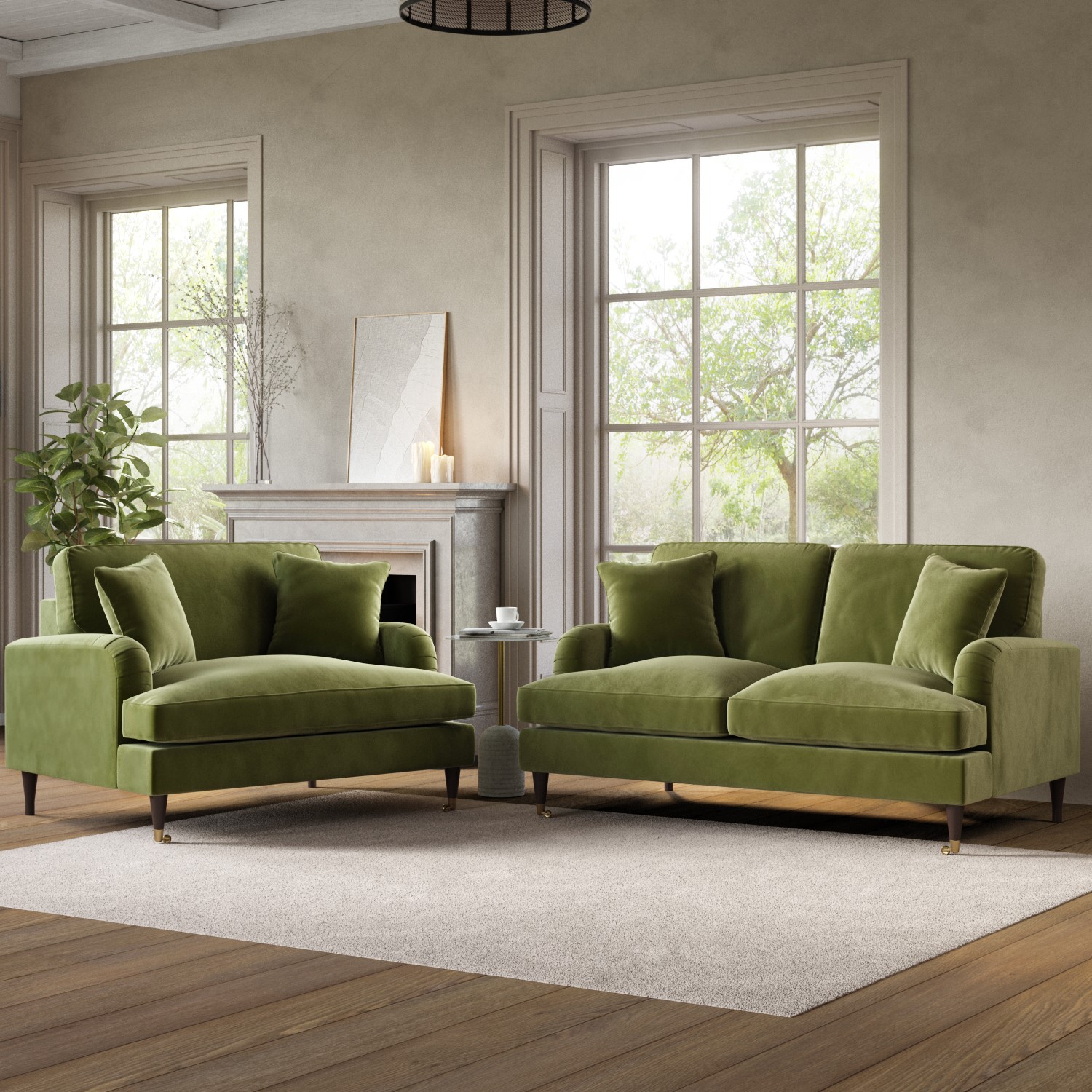 Olive Green Velvet Sofa Love Seat Set