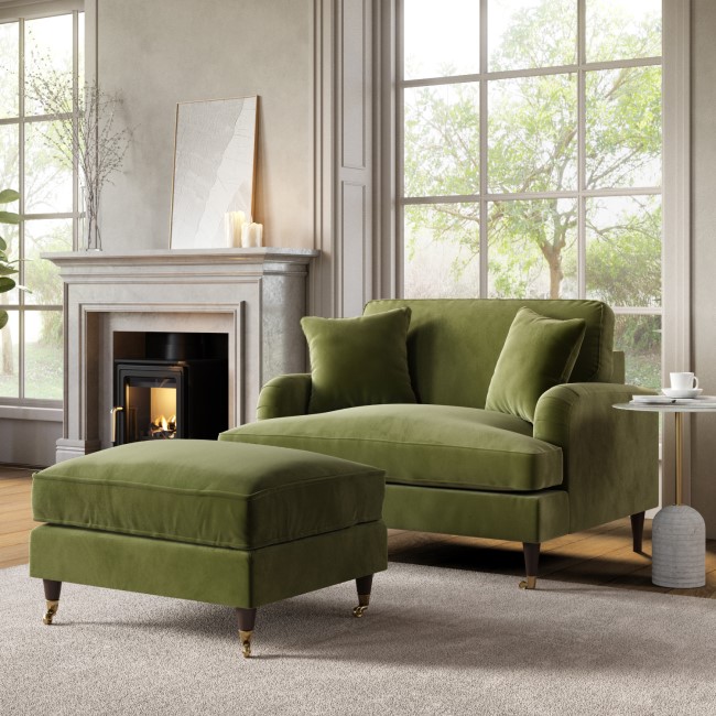 Olive Green Velvet Love Seat and Footstool - Payton