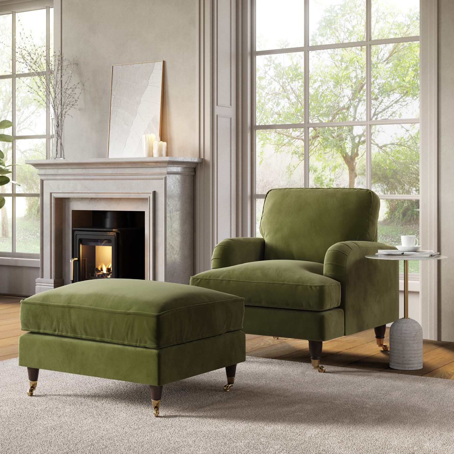 Payton Green Olive Velvet Armchair And Footstool