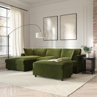 Left Hand Corner Sofa and Footstool Set in Green Velvet - August