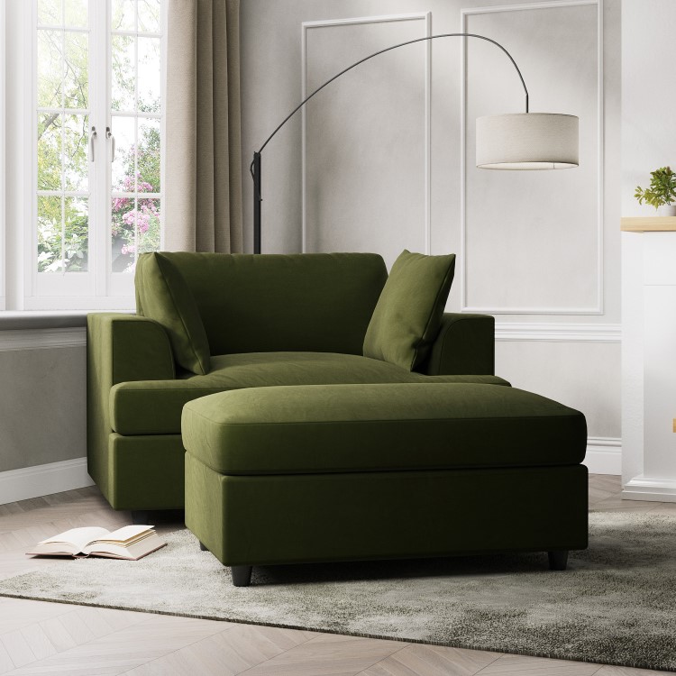 Olive Green Velvet Love Seat and Footstool set - August