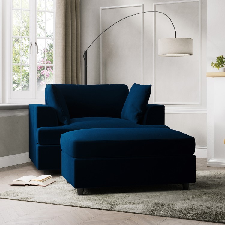 Navy Velvet Love Seat and Footstool Set - August