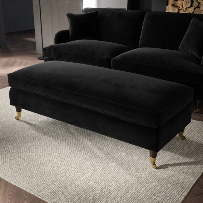 Black Velvet 4 Seater Right Hand Corner Sofa and Long Footstool Set - Payton