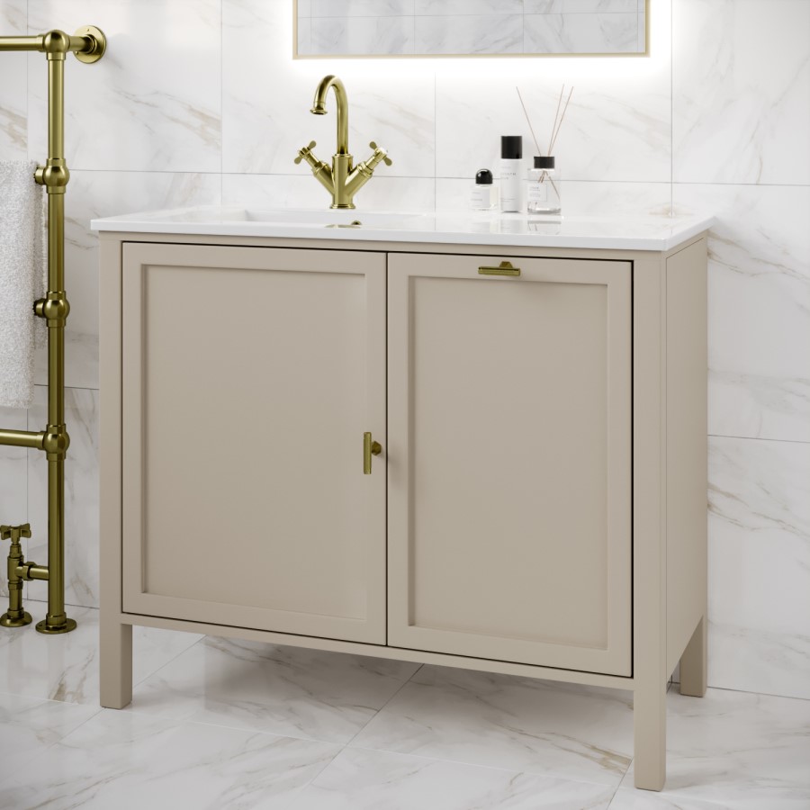 1000mm Beige Freestanding Vanity Unit with Basin and Laundry Basket - Sofia