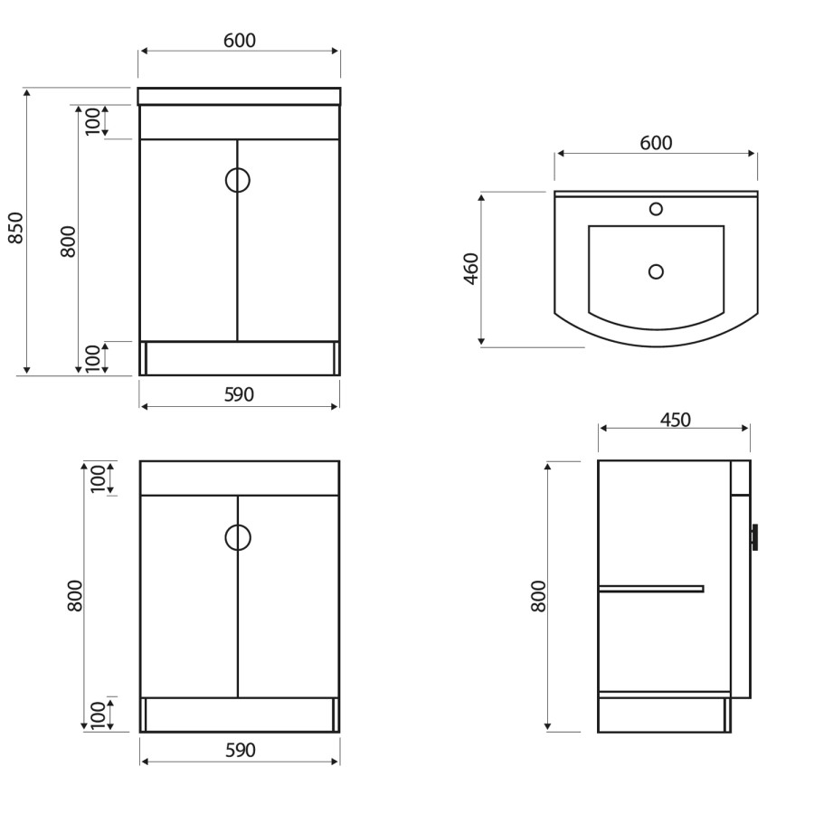 600mm White Freestanding Vanity Unit with Basin - Elm