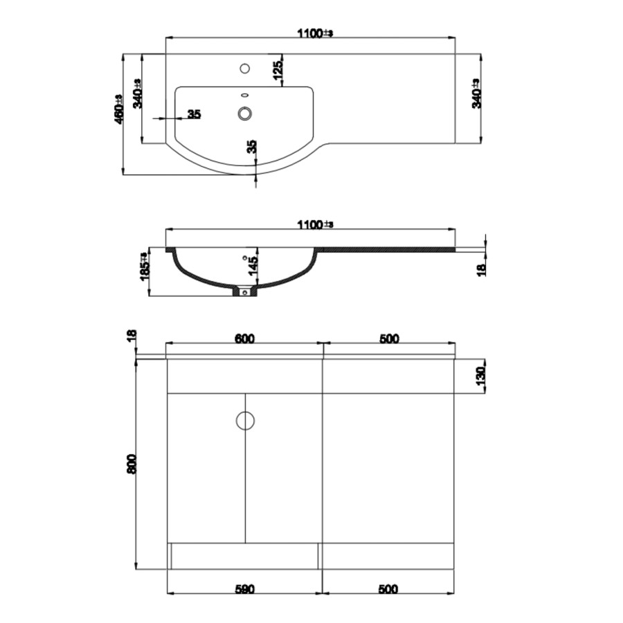 1100mm White Toilet and Sink Unit Left Hand - Elm