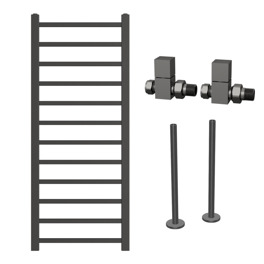 Gunmetal Grey Towel Radiator 1200 x 500mm with Pipe Kit and Straight Valves - Sonoran