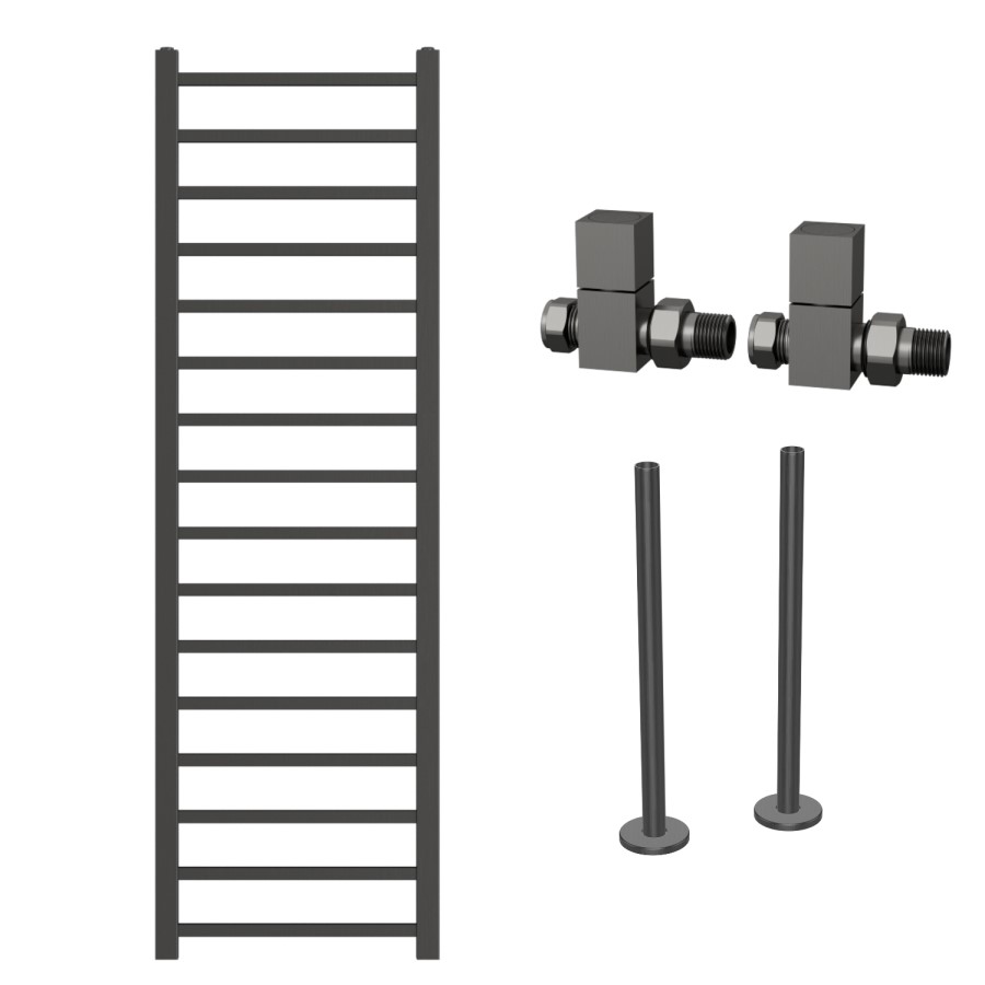 Gunmetal Grey Towel Radiator 1600 x 500mm with Pipe Kit and Straight Valves - Sonoran