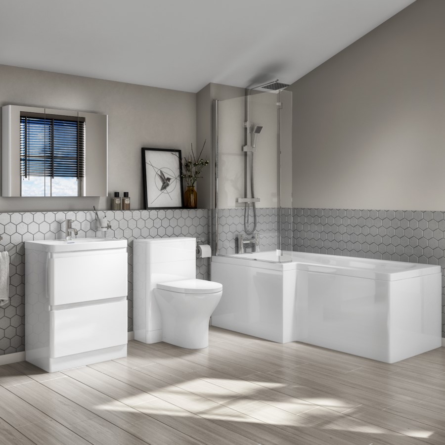 Left Hand L-Shaped Bath with Portland White Combi with Portland Back To Wall Toilet