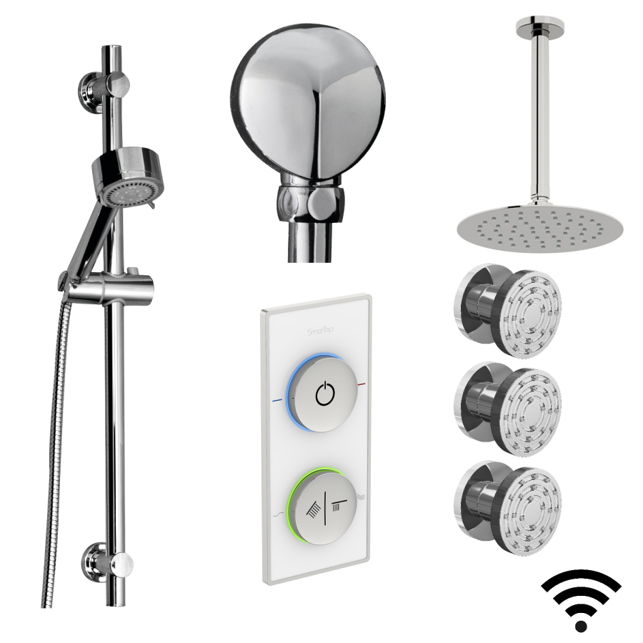 SmarTap White Shower System with Slider Kit Ceiling Shower and Body Jets
