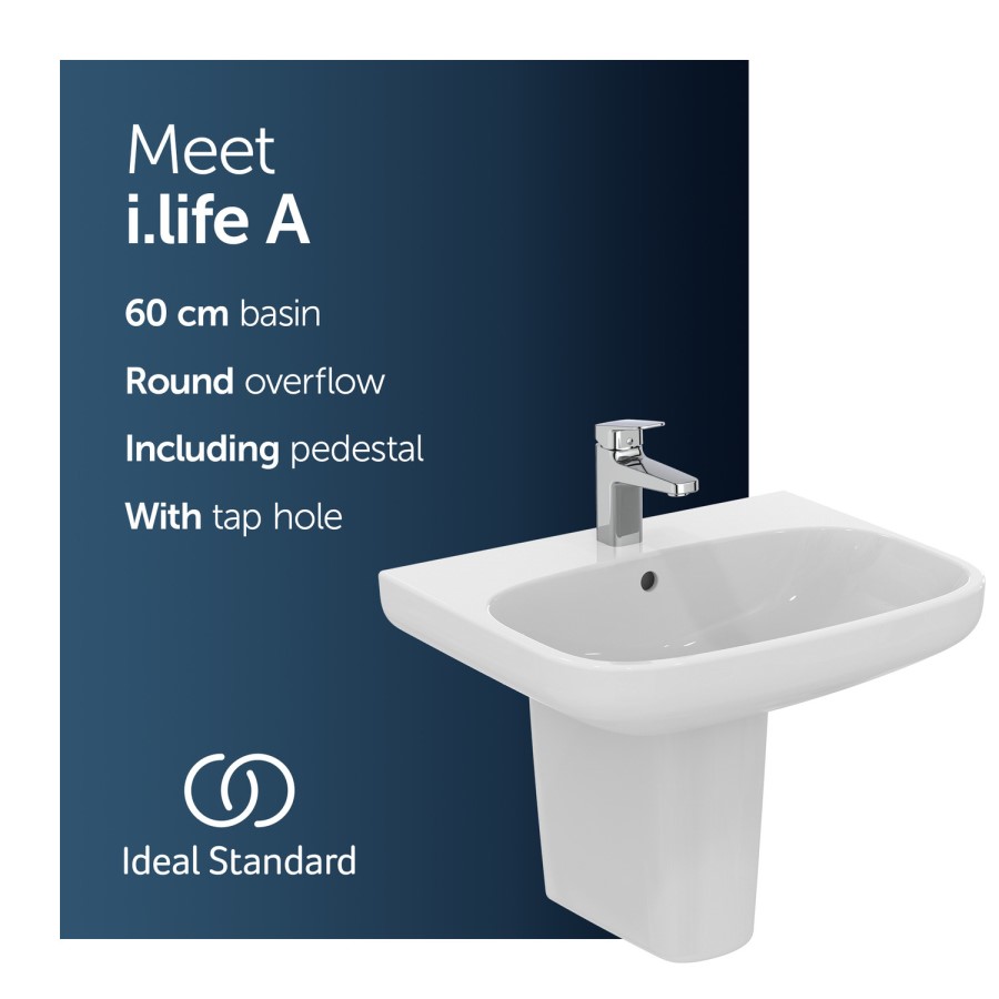 Ideal Standard i.Life A 1 Tap Hole Semi Pedestal Basin 600mm