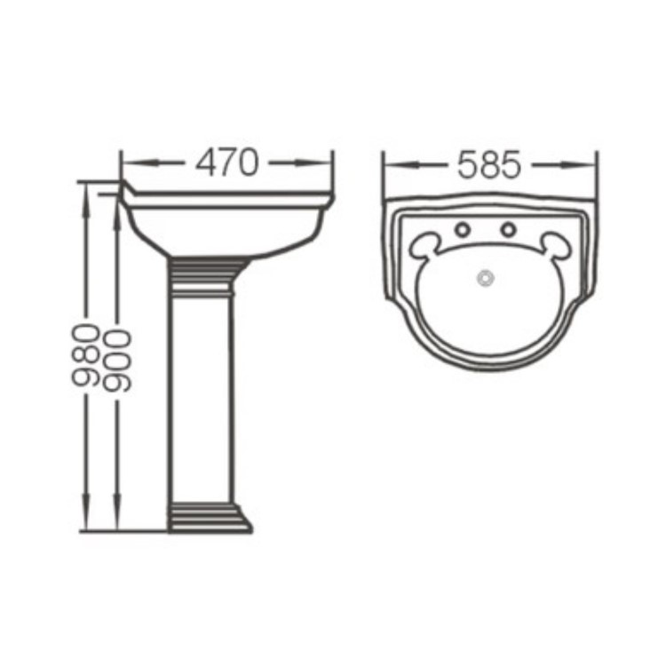 Traditional 2 Tap Hole Full Pedestal Sink - 585mm Wide