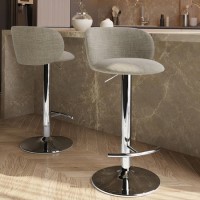 Set of 2 Beige Upholstered Adjustable Swivel Bar Stools with Chrome Base - Tessa