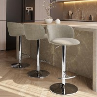 Set of 3 Beige Upholstered Adjustable Swivel Bar Stools with Chrome Base - Tessa