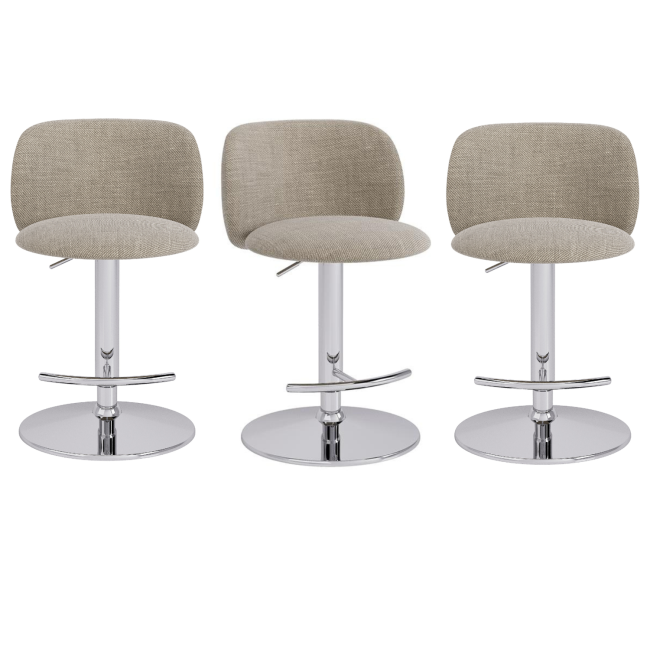 Set of 3 Beige Upholstered Adjustable Swivel Bar Stools with Chrome Base - Tessa