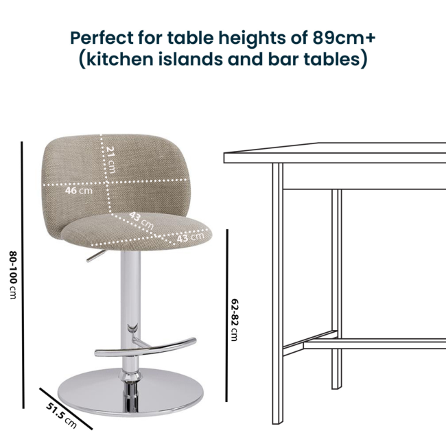 Set of 3 Beige Upholstered Adjustable Swivel Bar Stools with Chrome Base - Tessa