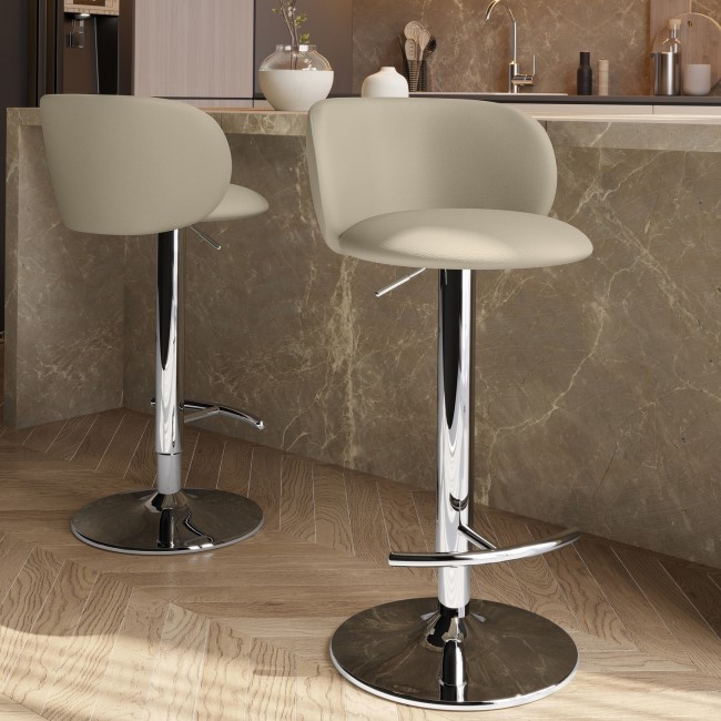 Set of 2 Beige Faux Leather Adjustable Swivel Bar Stools with Chrome Base - Tessa