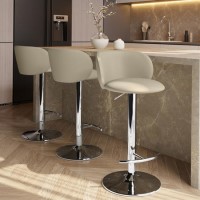 Set of 3 Beige Faux Leather Adjustable Swivel Bar Stools with Chrome Base - Tessa