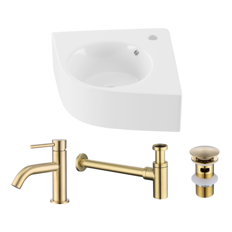 Wall Hung Corner Basin 440mm with Brass Tap Bottle Trap and Waste - Theo