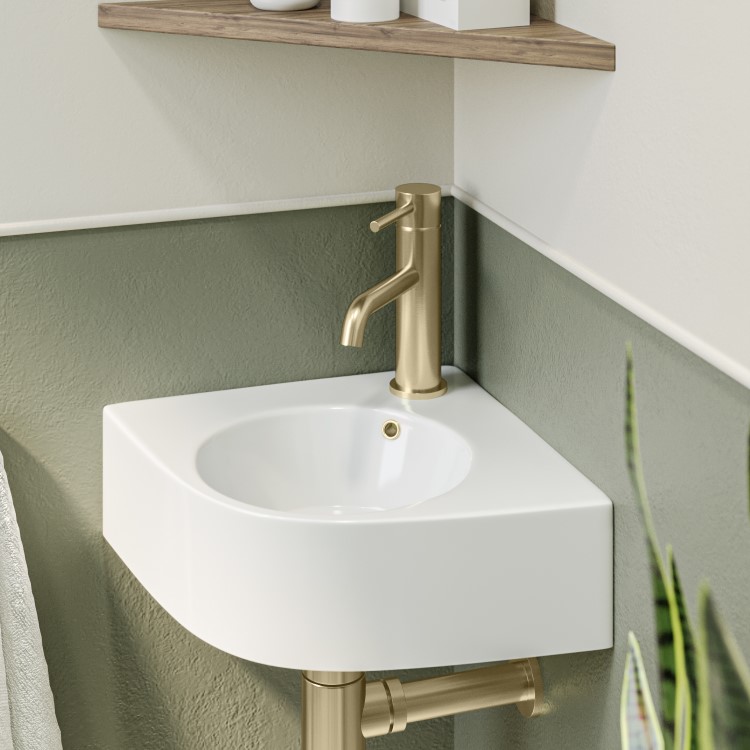 Wall Hung Corner Basin 440mm with Brass Tap Bottle Trap and Waste - Theo