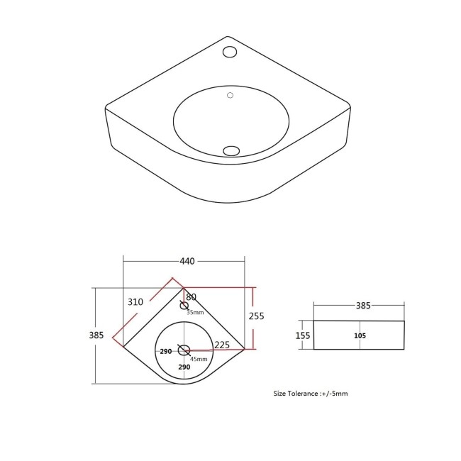 Wall Hung Corner Basin 440mm with Brass Tap Bottle Trap and Waste - Theo