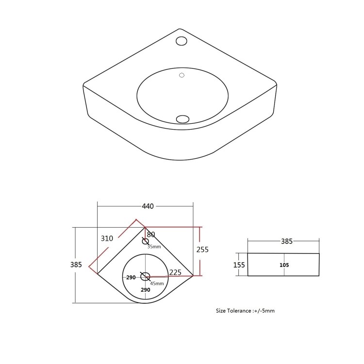 Wall Hung Corner Basin 440mm with Brass Tap Bottle Trap and Waste - Theo