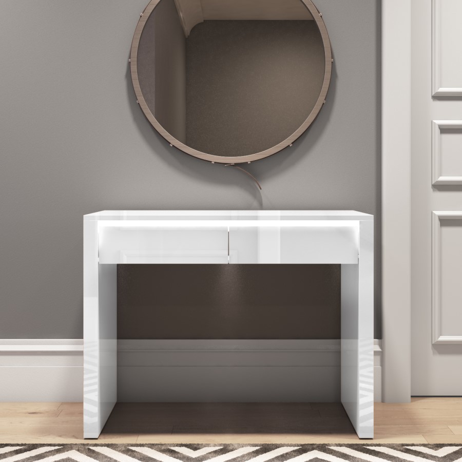 White Gloss Console Table with Drawers and LED Lights  -Tiffany