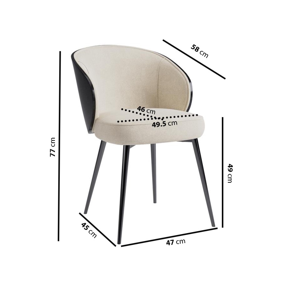 Set of 6 Beige Upholstered Dining Chairs with Black Wooden Curved Back - Tori
