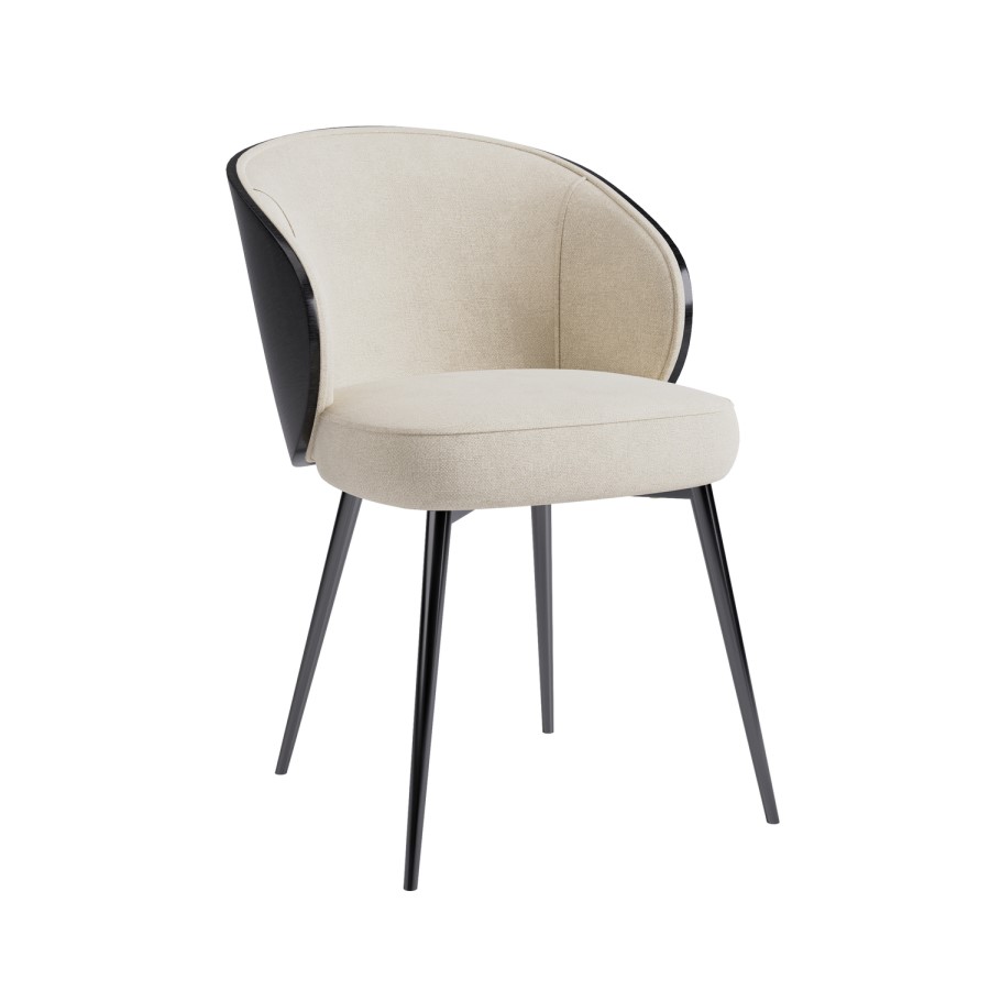 Set of 6 Beige Upholstered Dining Chairs with Black Wooden Curved Back - Tori
