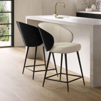 Set of 2 Beige Upholstered Kitchen Stools with Black Wooden Curved Back - Tori