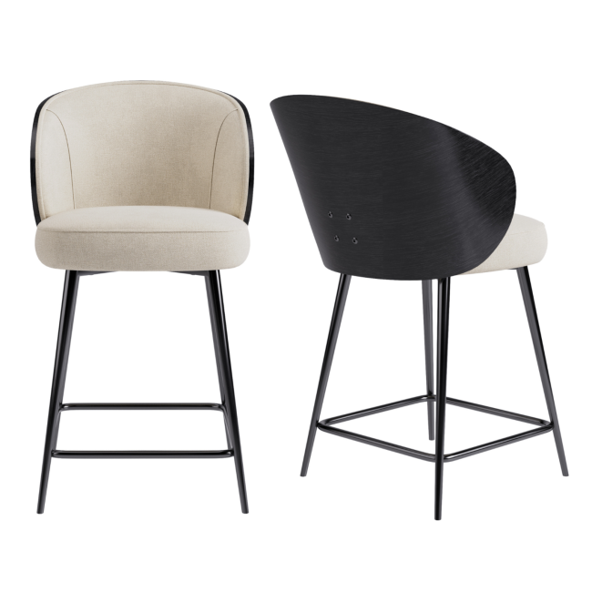 Set of 2 Beige Upholstered Kitchen Stools with Black Wooden Curved Back - Tori