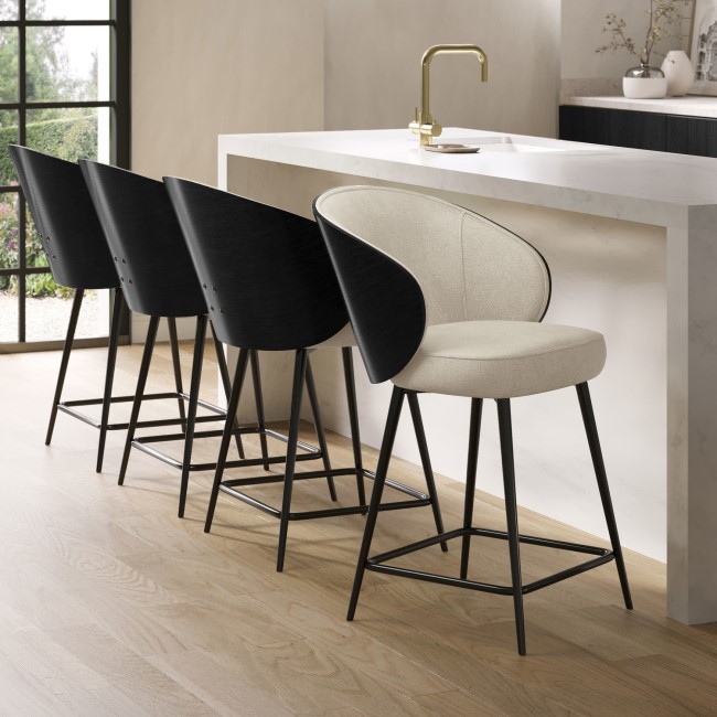 Set of 4 Beige Upholstered Kitchen Stools with Black Wooden Curved Back - Tori