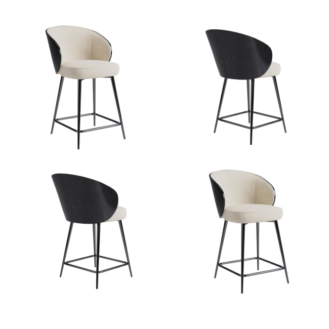 Set of 4 Beige Upholstered Kitchen Stools with Black Wooden Curved Back - Tori