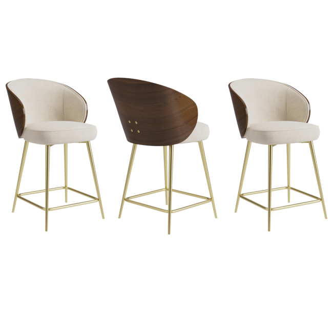 Set of 3 Beige Upholstered Kitchen Stools with Walnut Wooden Curved Back - Tori