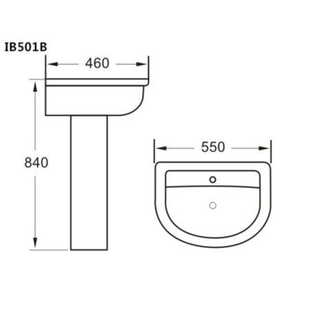 Full Pedestal Sink 550mm Wide - 1 Tap Hole