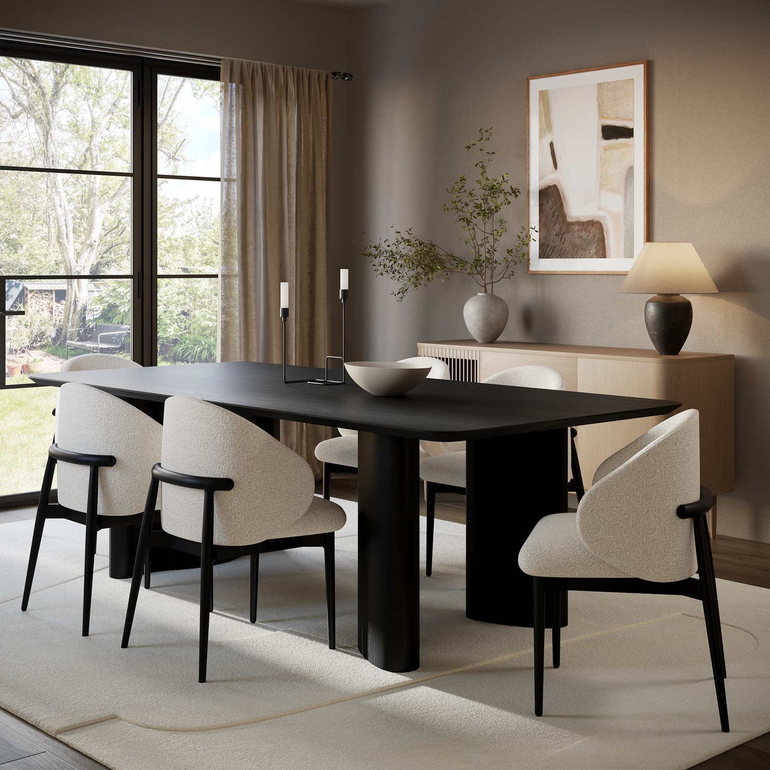 Large Rectangular Wooden Dining Table Set 6 Cream Upholstered Chairs Seats 6