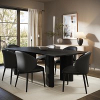 Rectangular Black Wooden Dining Table Set with 6 Grey Real Leather Chairs - Seats 6 - Troy