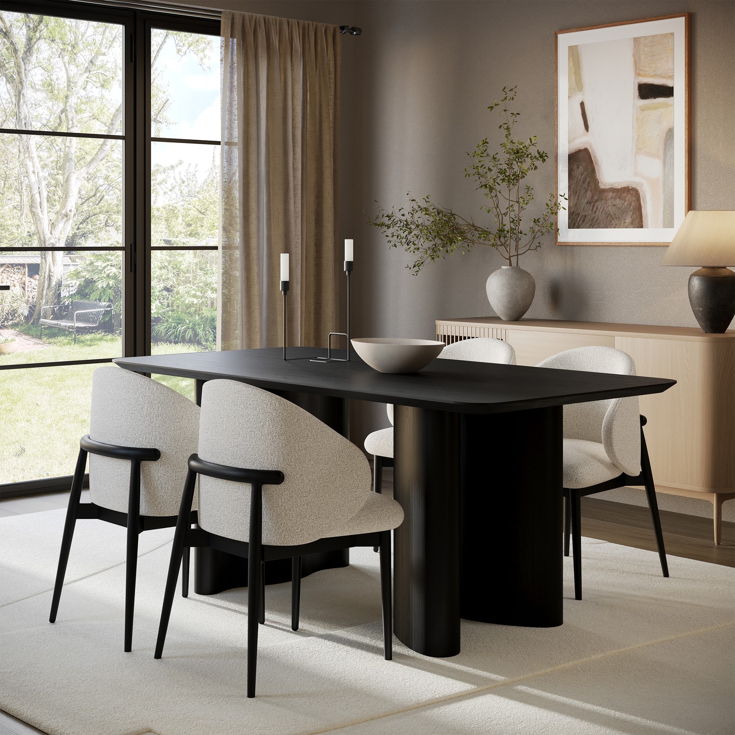 Rectangular Wooden Dining Table Set 4 Cream Upholstered Chairs Seats 4