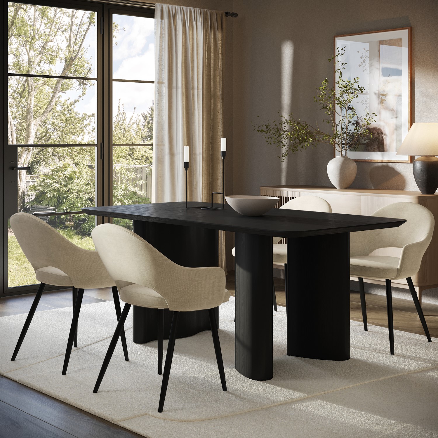 Troy Black Rectangular Wooden Dining Table Set With 4 Beige Upholstered Chairs - Seats 4