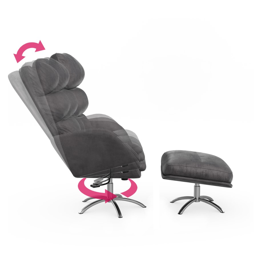 Grey Velvet Recliner Office Chair with Footstool - Tyra
