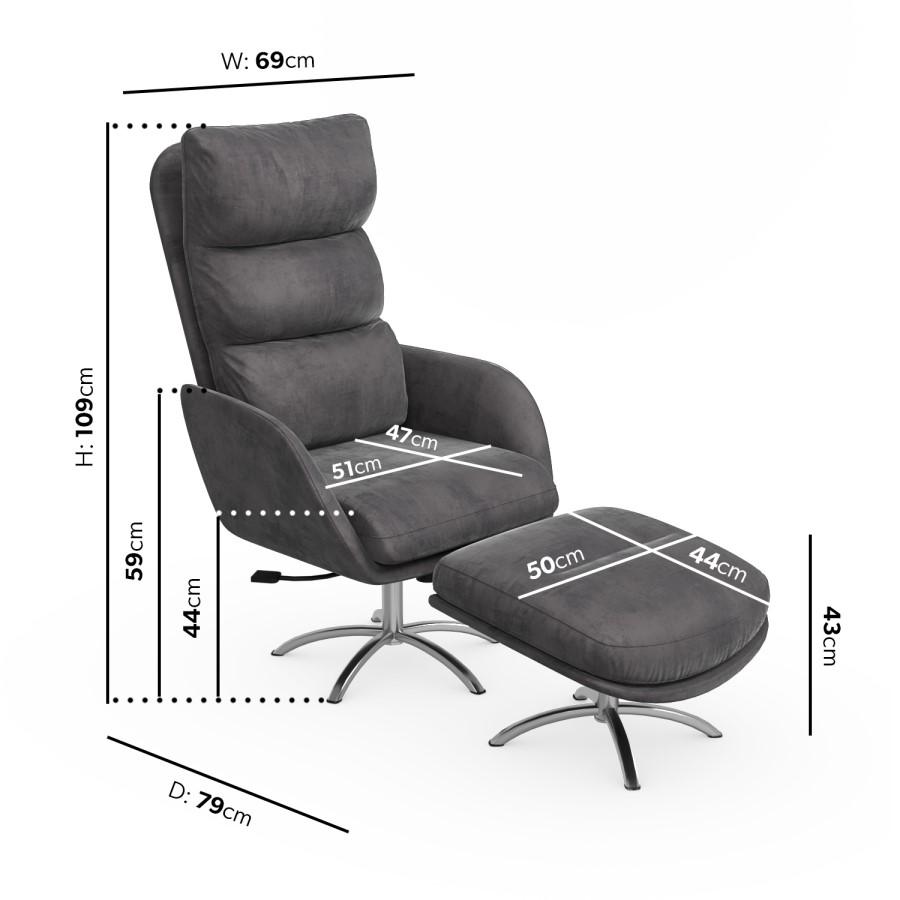 Grey Velvet Recliner Office Chair with Footstool - Tyra
