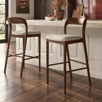 Set of 2 Beige Upholstered Kitchen Stools with Walnut Solid Wood Frame - Uma