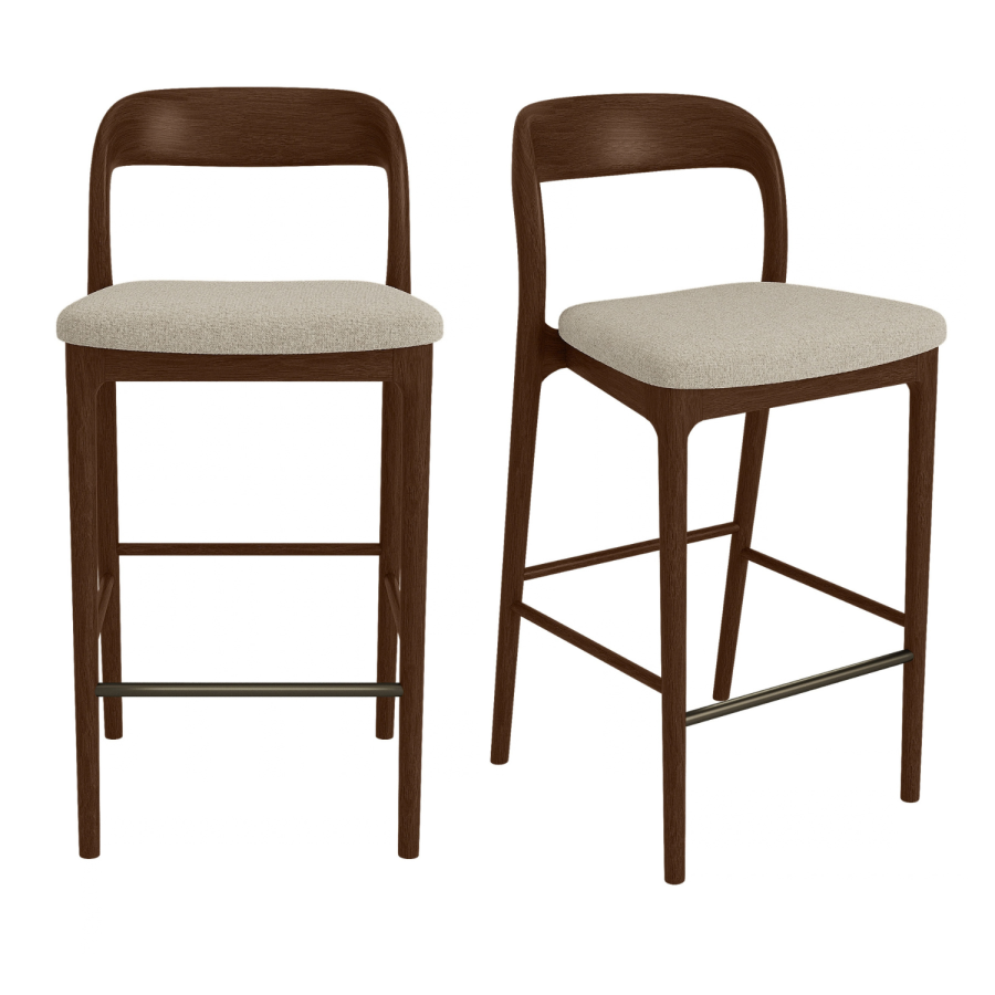 Set of 2 Beige Upholstered Kitchen Stools with Walnut Solid Wood Frame - Uma