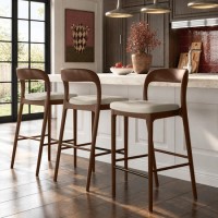 Set of 3 Beige Upholstered Kitchen Stools with Walnut Solid Wood Frame - Uma