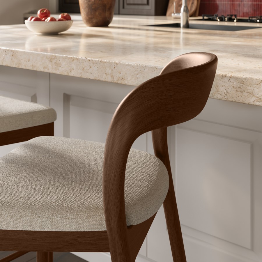 Set of 3 Beige Upholstered Kitchen Stools with Walnut Solid Wood Frame - Uma