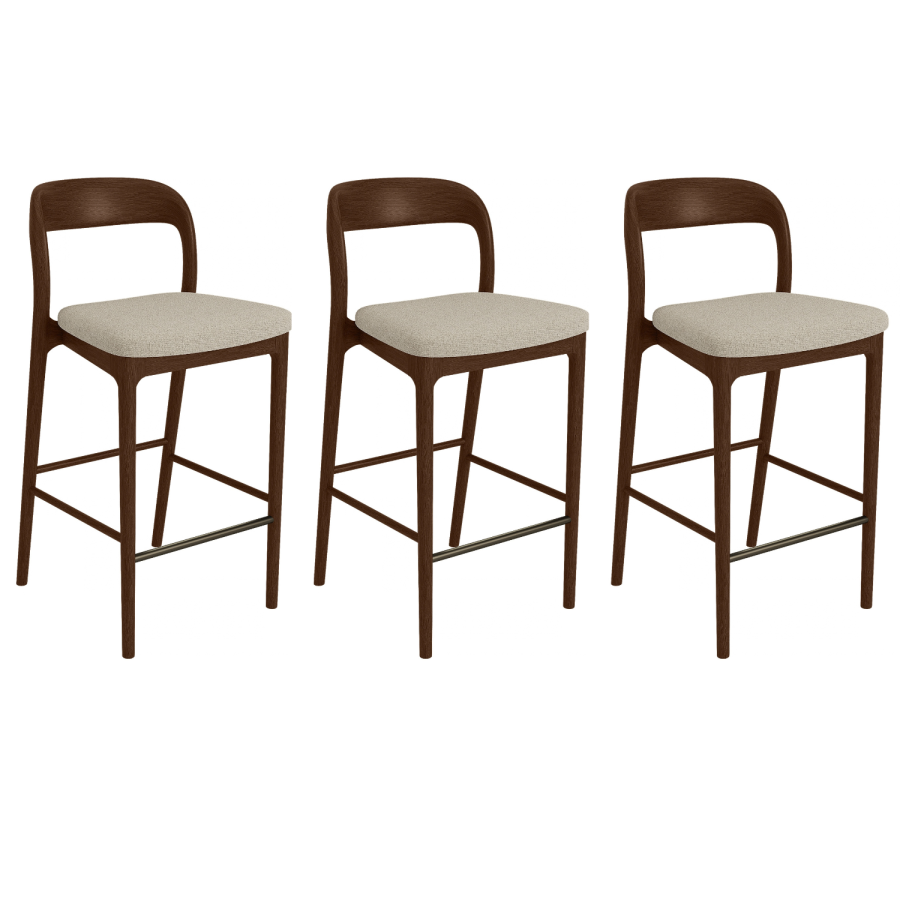 Set of 3 Beige Upholstered Kitchen Stools with Walnut Solid Wood Frame - Uma