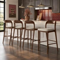 Set of 4 Beige Upholstered Kitchen Stools with Walnut Solid Wood Frame - Uma
