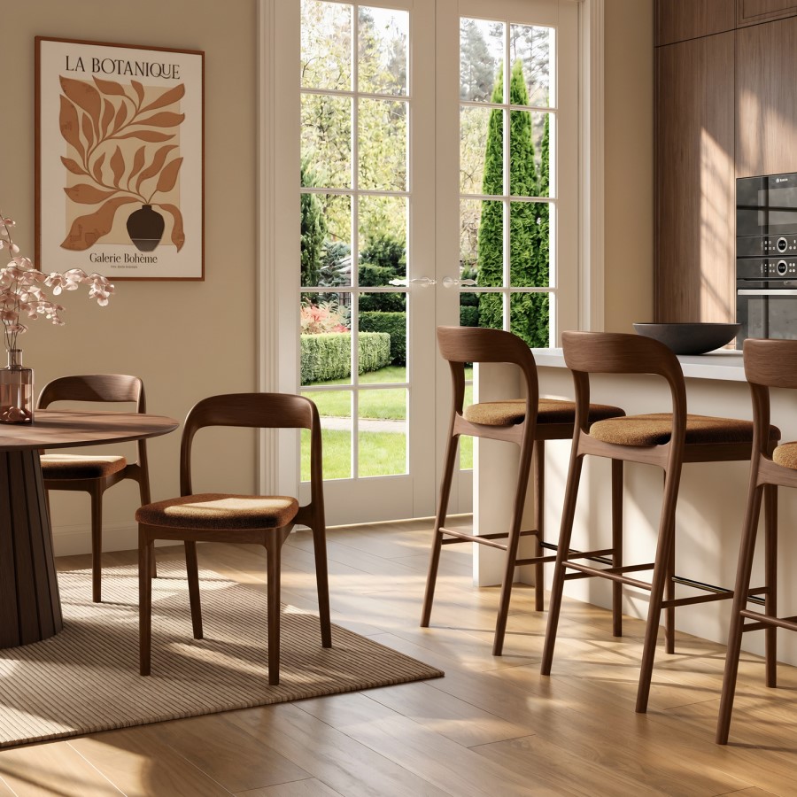 Set of 2 Rust Upholstered Kitchen Stools with Walnut Solid Wood Frames - Uma