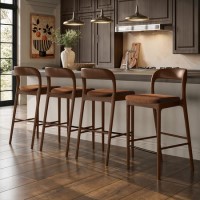 Set of 4 Rust Upholstered Kitchen Stools with Walnut Solid Wood Frames - Uma