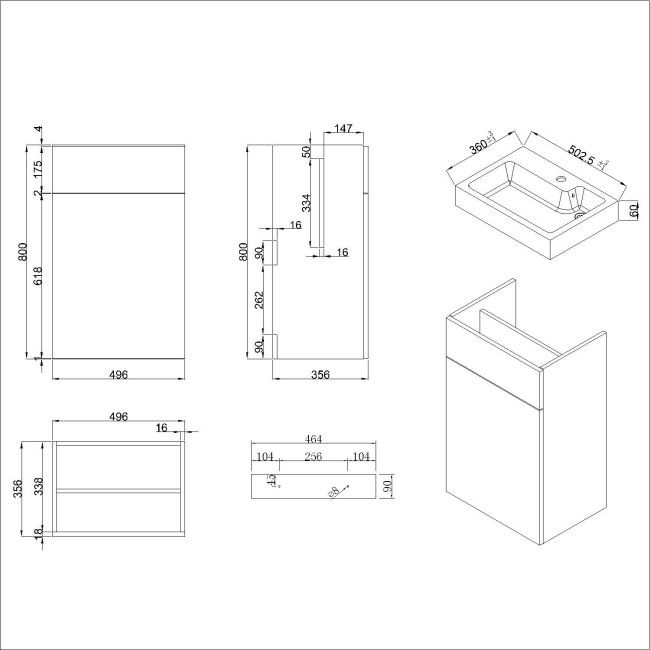 500mm Black Cloakroom Toilet and Sink Unit with Square Toilet and Black Fittings - Valetta